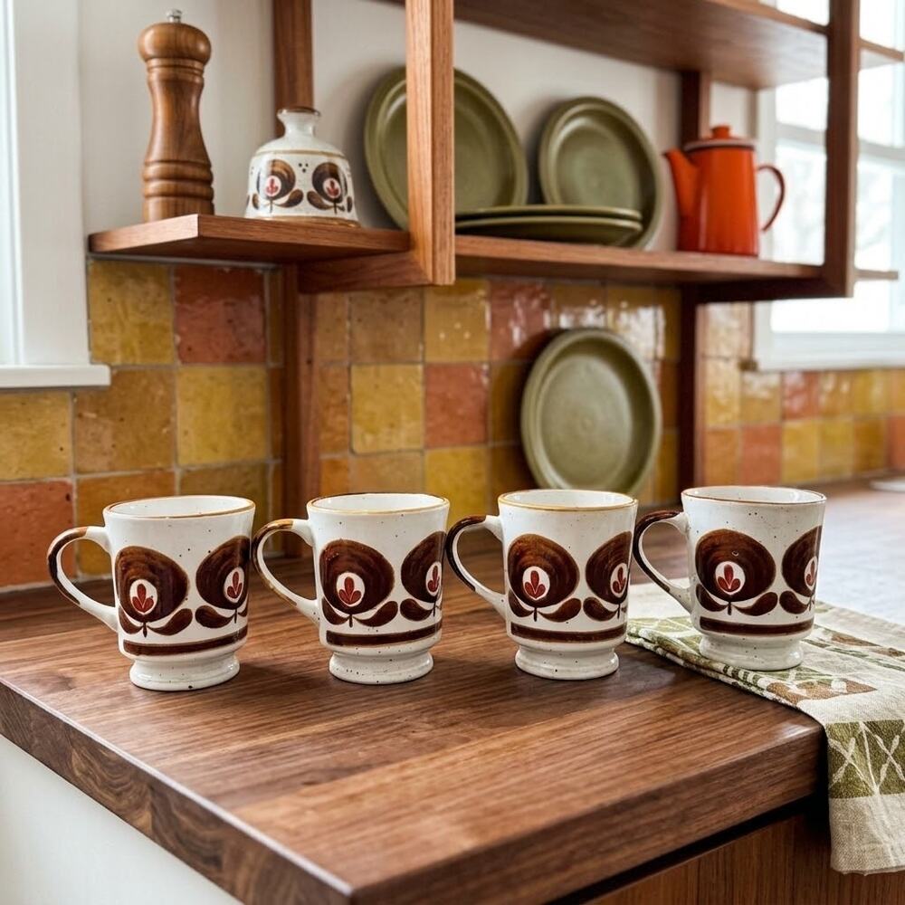 vintage JMP Casualstone hand-painted stoneware footed coffee mugs made in Korea